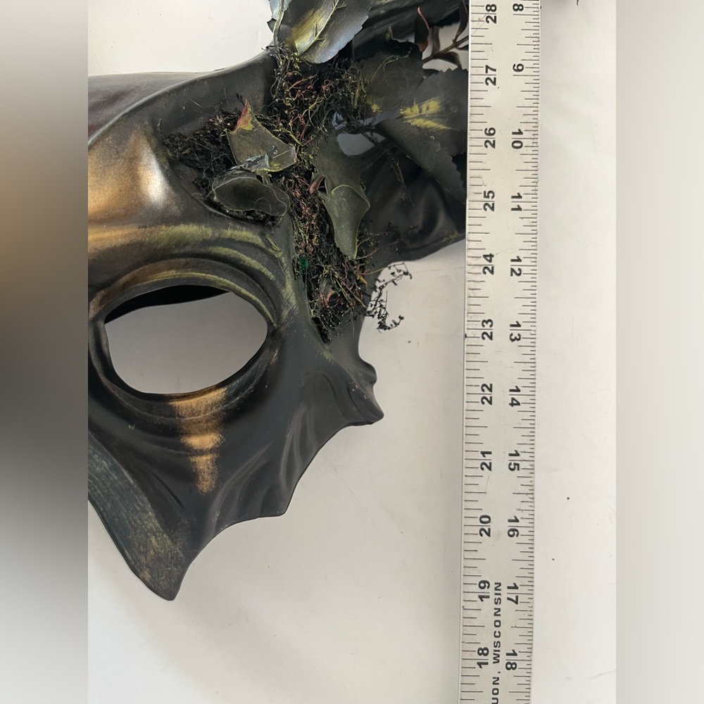 Hand Crafted Forest Deer Antler Halloween Mask Black Gold Hand Painted Moss Fern - Picture 12 of 12